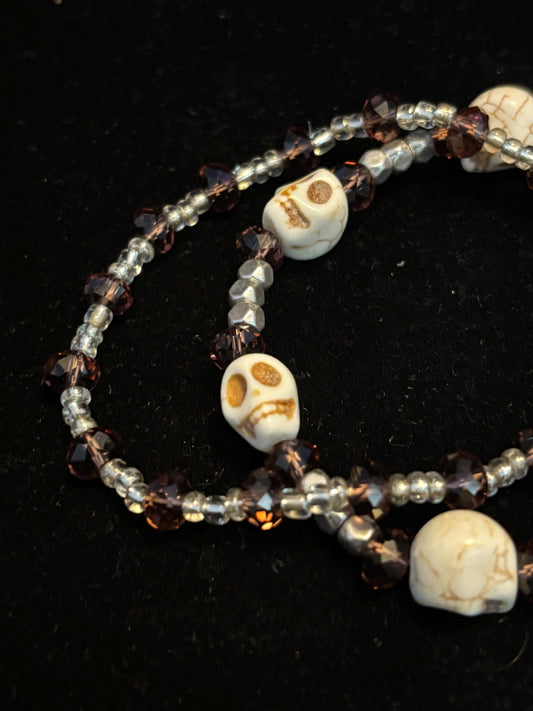 Crystal and Howlite Skull Beaded Stretchy Bracelet pair.